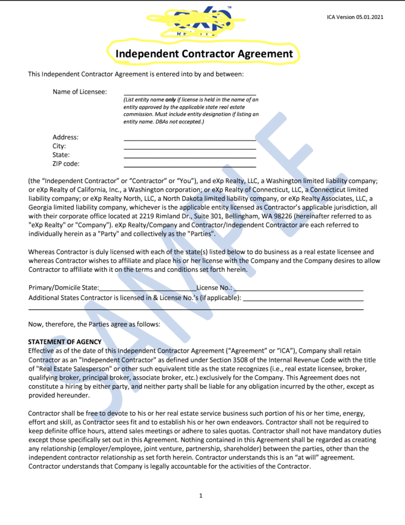 eXp Realty Sample Independent Contractor Agreement